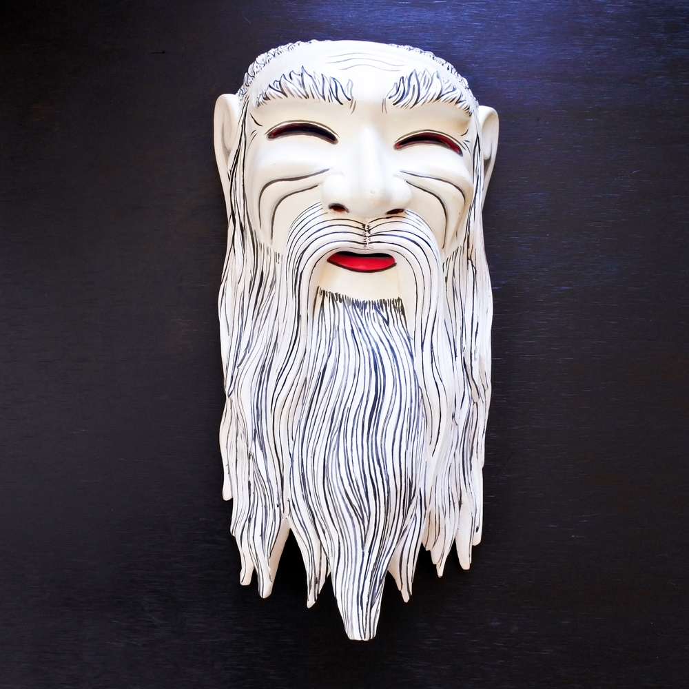 Vintage Japanese Noh Theater Old Man Wooden Folk Art Mask Wall Hanging